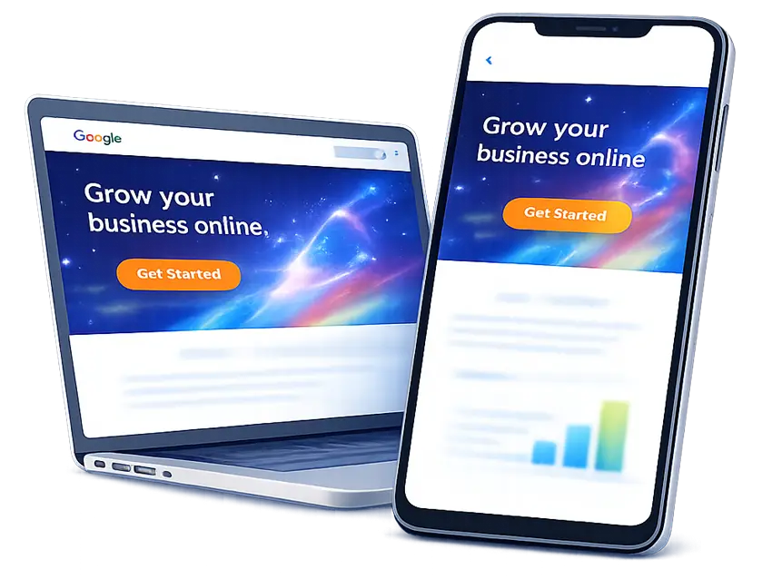 Mobile responsive website design mockup on laptop and smartphone showing fast page speed