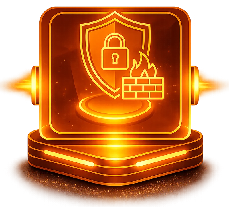Glowing orange shield icon representing advanced website cybersecurity and data protection.