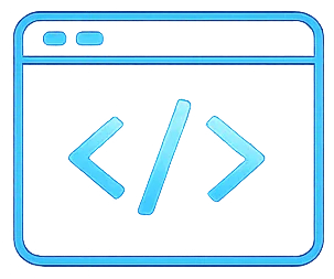 Browser window with code brackets symbolizing front-end custom web development services.