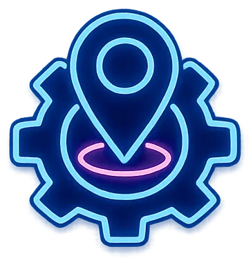 Map pin with a gear icon representing Google Business Profile optimization and setup services.