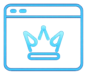 Neon blue crown icon representing industry authority and leadership built through strategic SEO.