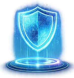 Glowing blue shield icon representing secure website data hosting and server protection.