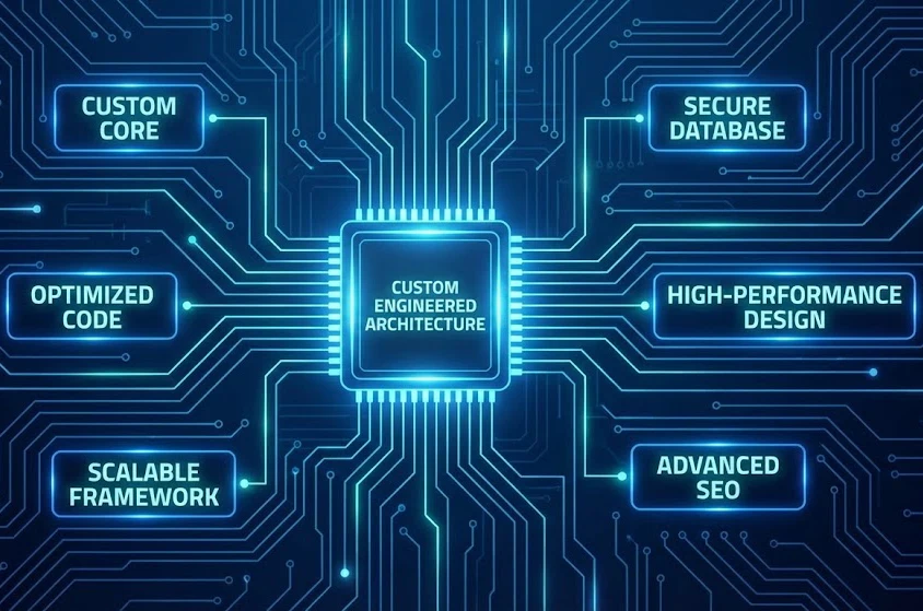 Abstract blue tech nodes representing Crystal Clear web design and optimization services.